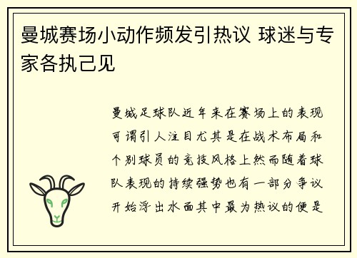 曼城赛场小动作频发引热议 球迷与专家各执己见