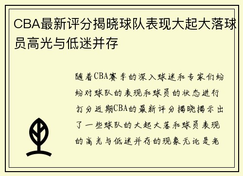 CBA最新评分揭晓球队表现大起大落球员高光与低迷并存