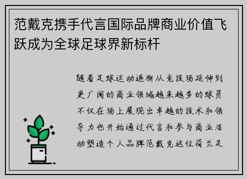 范戴克携手代言国际品牌商业价值飞跃成为全球足球界新标杆