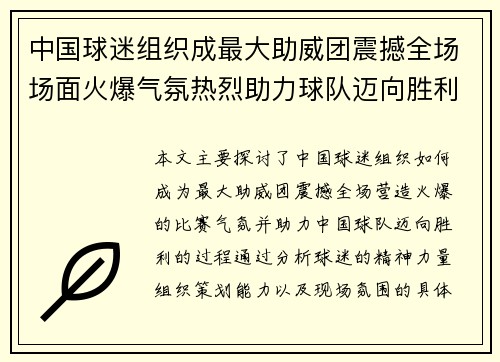 中国球迷组织成最大助威团震撼全场场面火爆气氛热烈助力球队迈向胜利